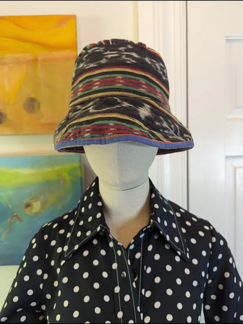 Vintage 1990s Reversible Bucket Hat - Multicolored Ikat Fabric